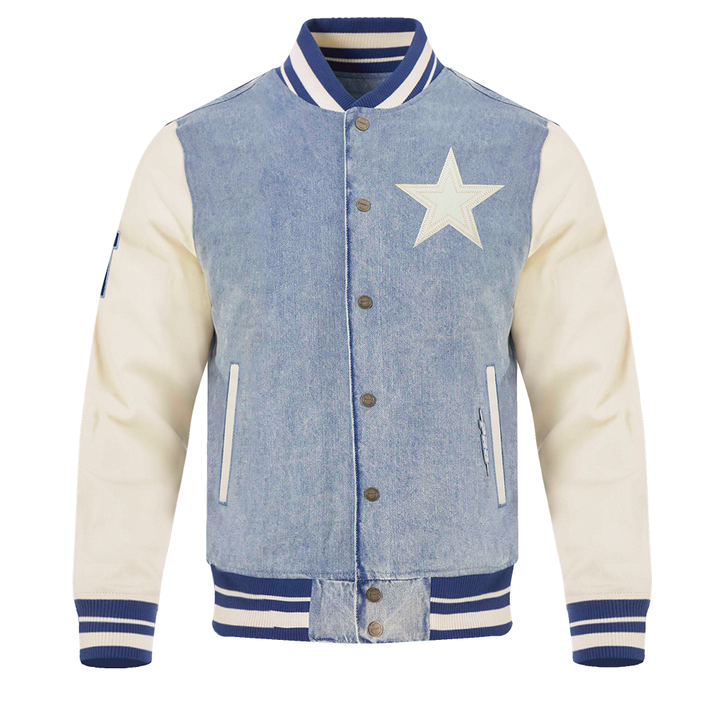NFL DALLAS COWBOYS VARSITY BLUES MEN'S DENIM VARSITY JACKET (DENIM/LINEN)