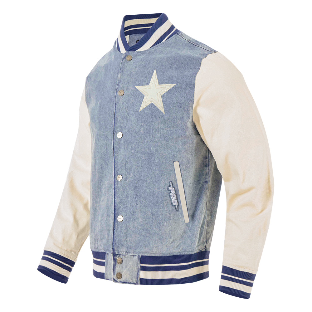 NFL DALLAS COWBOYS VARSITY BLUES MEN'S DENIM VARSITY JACKET (DENIM/LINEN)