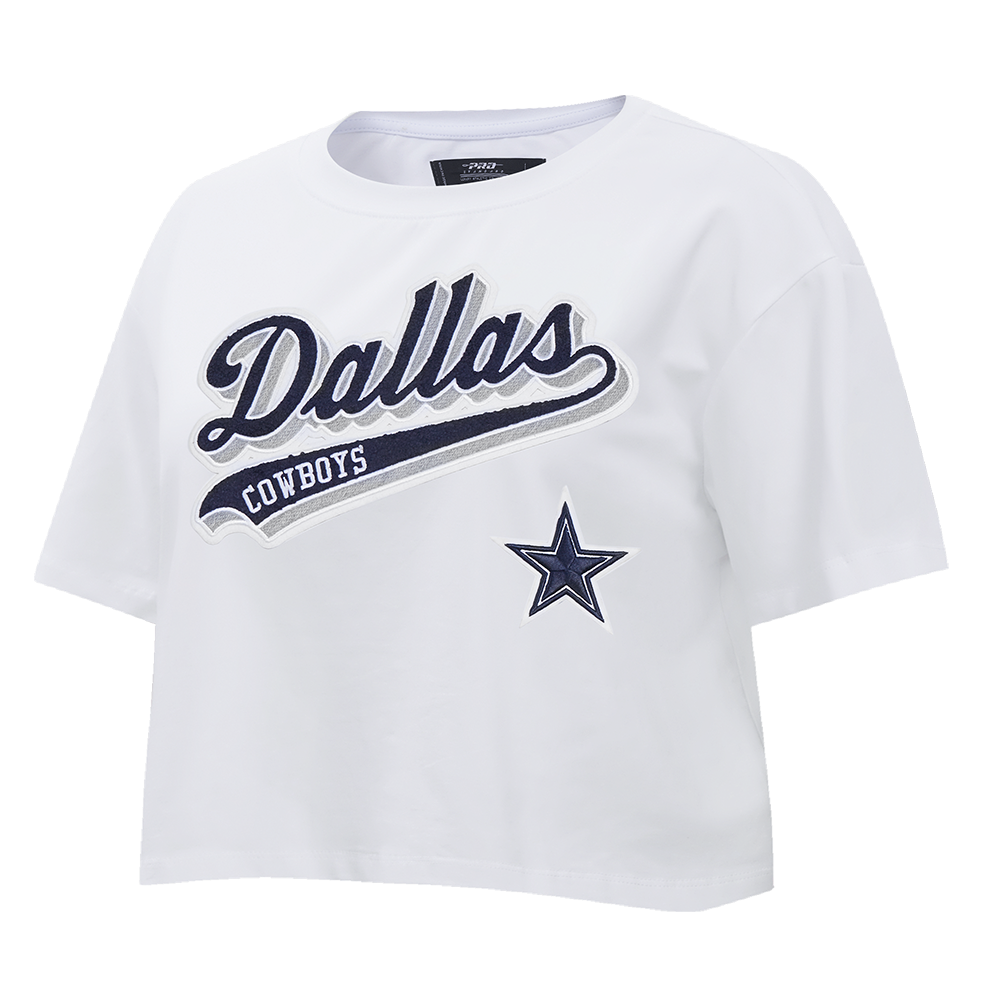 NFL DALLAS COWBOYS SCRIPT TAIL WOMEN'S SINGLE JERSEY BOXY TEE (WHITE)