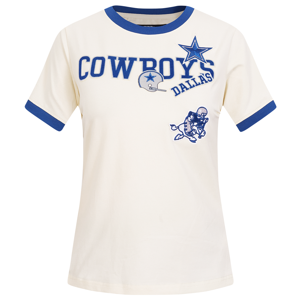 NFL DALLAS COWBOYS RETRO CASCADE T-SHIRT À BORDURES CONTRASTANTES POUR FEMME (COQUILLE D'ŒUF/BLEU DODGER)