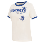 NFL DALLAS COWBOYS RETRO CASCADE T-SHIRT À BORDURES CONTRASTANTES POUR FEMME (COQUILLE D'ŒUF/BLEU DODGER)
