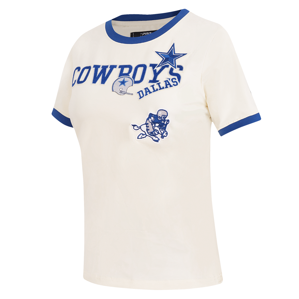 NFL DALLAS COWBOYS RETRO CASCADE T-SHIRT À BORDURES CONTRASTANTES POUR FEMME (COQUILLE D'ŒUF/BLEU DODGER)