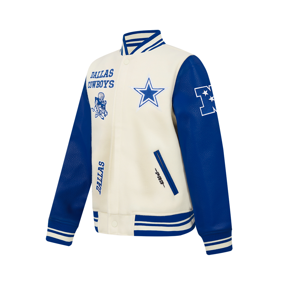NFL DALLAS COWBOYS RETRO CLASSICS BIG BOY'S RIB WOOL VARSITY JACKET (EGGSHELL/DODGER BLUE)
