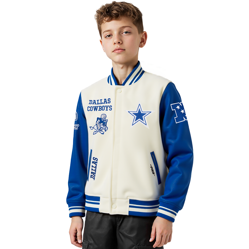 NFL DALLAS COWBOYS RETRO CLASSICS BLOUSON COLLÉGIAL EN LAINE À BORDS CÔTELÉS POUR GARÇON JUNIOR (COQUILLE D'ŒUF/BLEU DODGER)