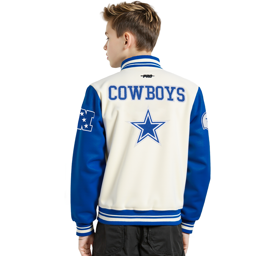 NFL DALLAS COWBOYS RETRO CLASSICS BLOUSON COLLÉGIAL EN LAINE À BORDS CÔTELÉS POUR GARÇON JUNIOR (COQUILLE D'ŒUF/BLEU DODGER)