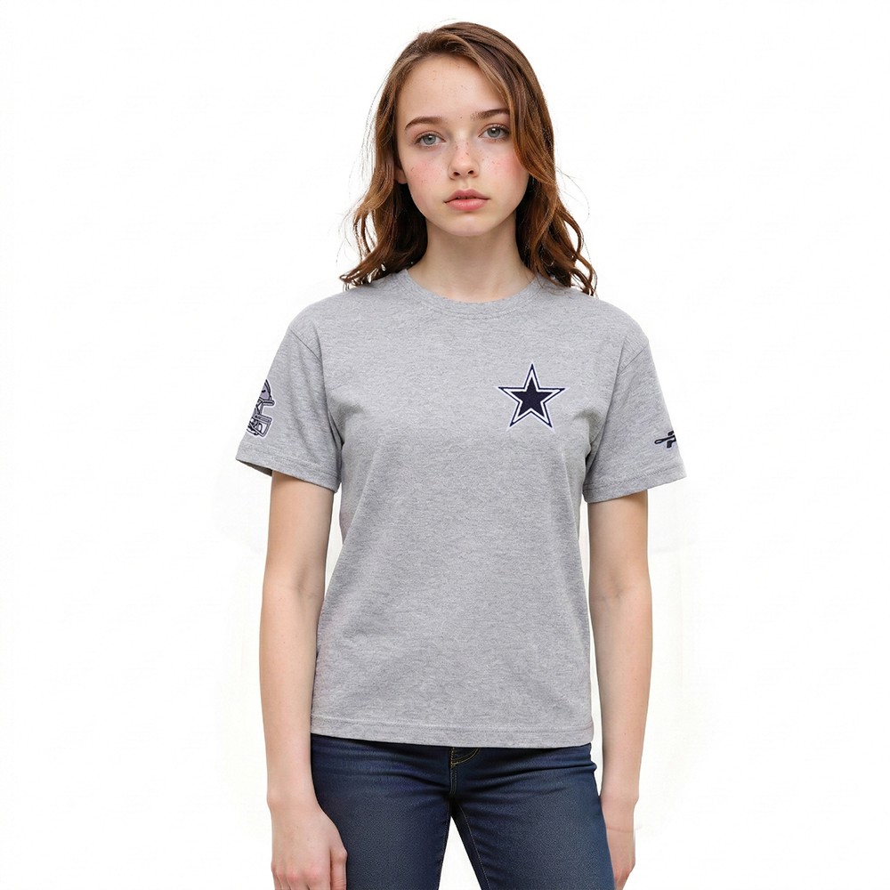 NFL DALLAS COWBOYS CLASSIC T-SHIRT À COUPE CARRÉE À MANCHES COURTES POUR FILLE JUNIOR (GRIS CHINÉ)