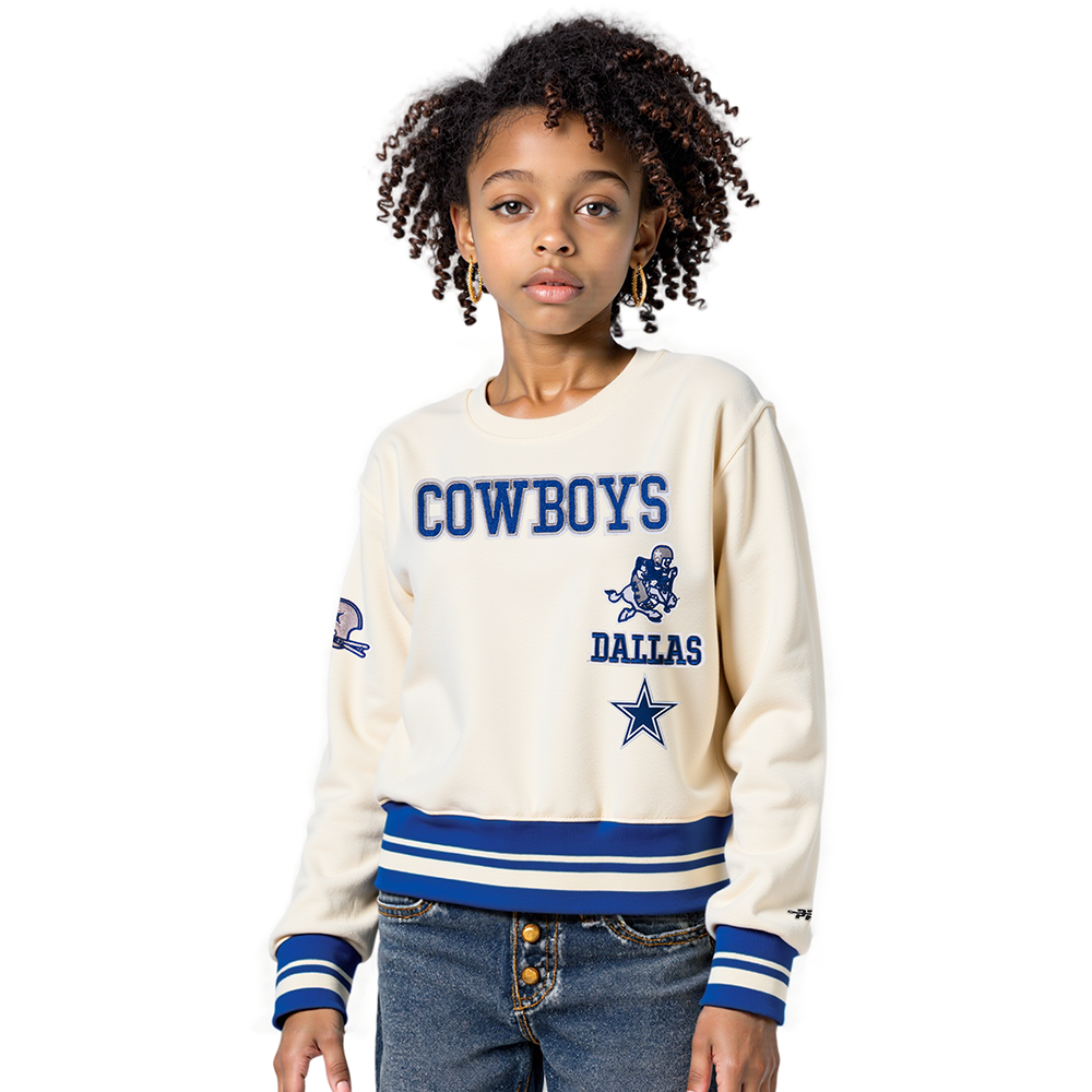 NFL DALLAS COWBOYS RETRO CLASSIC CHANDAIL À COL ROND EN MOLLETON CÔTELÉ POUR FILLE JUNIOR (COQUILLE D'ŒUF/BLEU DODGER)