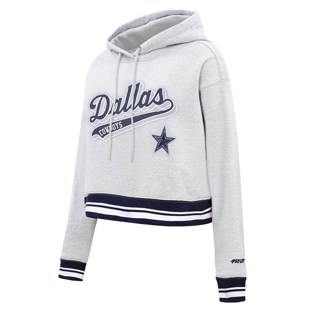 NFL DALLAS COWBOYS SCRIPT TAIL WOMEN'S RIB FLEECE CROPPED PULLOVER HOODIE (HEATHER GREY/MIDNIGHT NAVY)