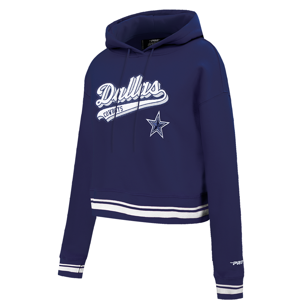 NFL DALLAS COWBOYS SCRIPT TAIL WOMEN'S RIB FLEECE CROPPED PULLOVER HOODIE (MIDNIGHT NAVY)