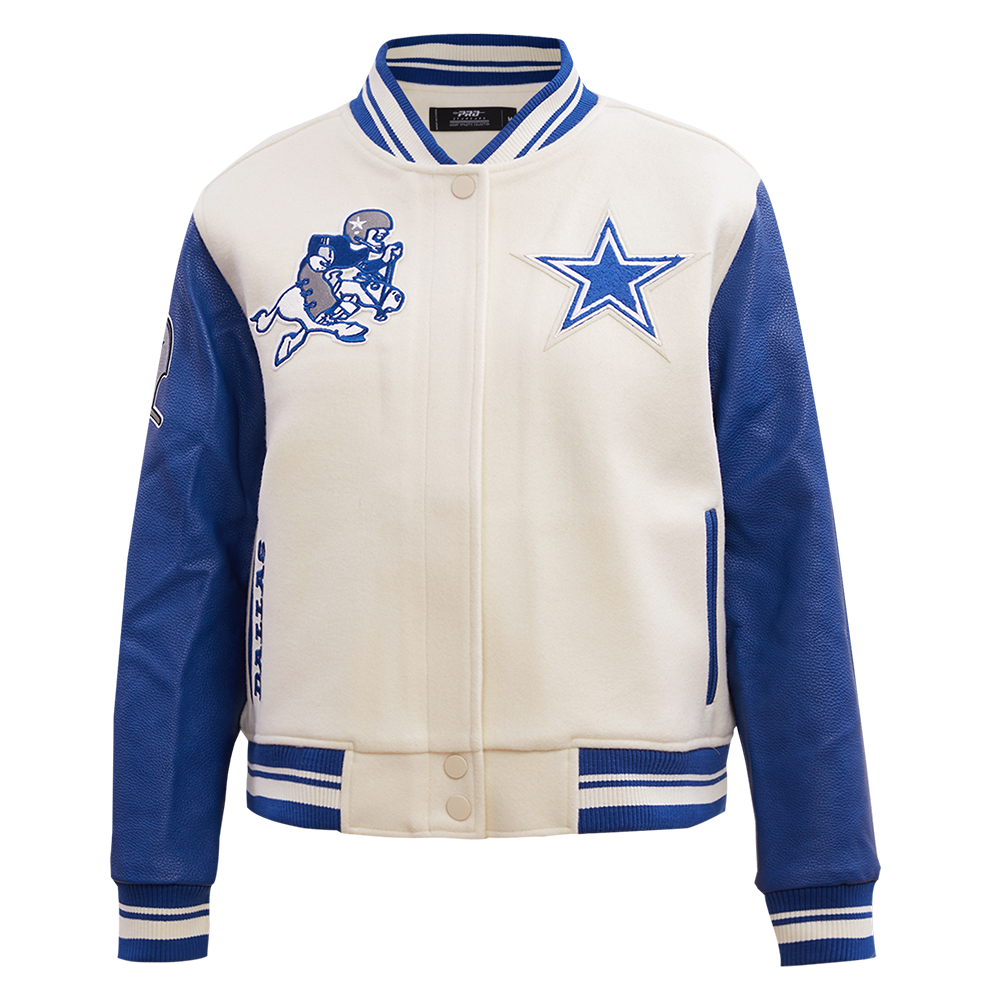 NFL DALLAS COWBOYS RETRO CLASSIC WOMEN'S RIB WOOL VARSITY JACKET (EGGSHELL/DODGER BLUE)