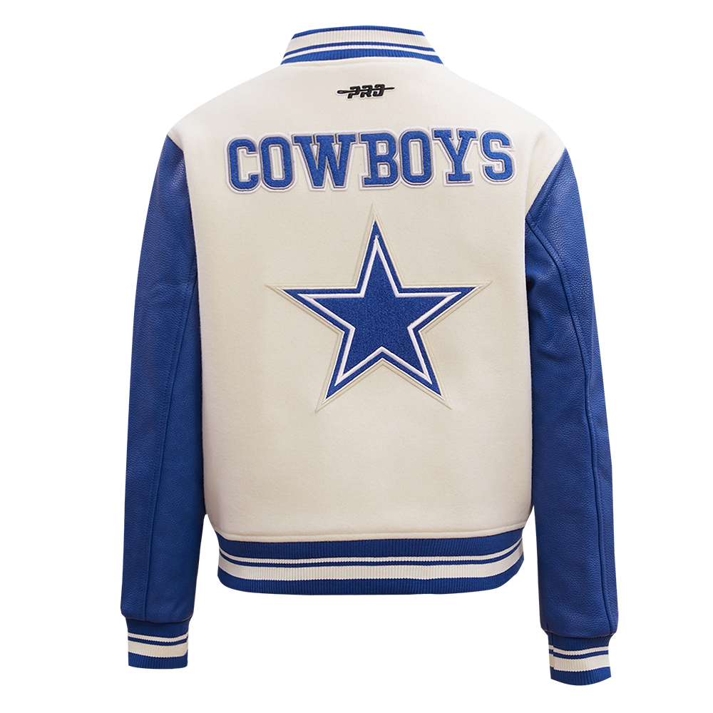 NFL DALLAS COWBOYS RETRO CLASSIC WOMEN'S RIB WOOL VARSITY JACKET (EGGSHELL/DODGER BLUE)