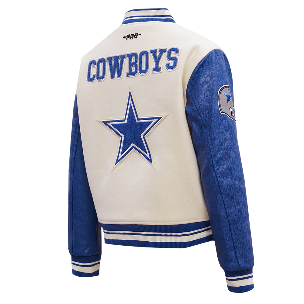 NFL DALLAS COWBOYS RETRO CLASSIC WOMEN'S RIB WOOL VARSITY JACKET (EGGSHELL/DODGER BLUE)