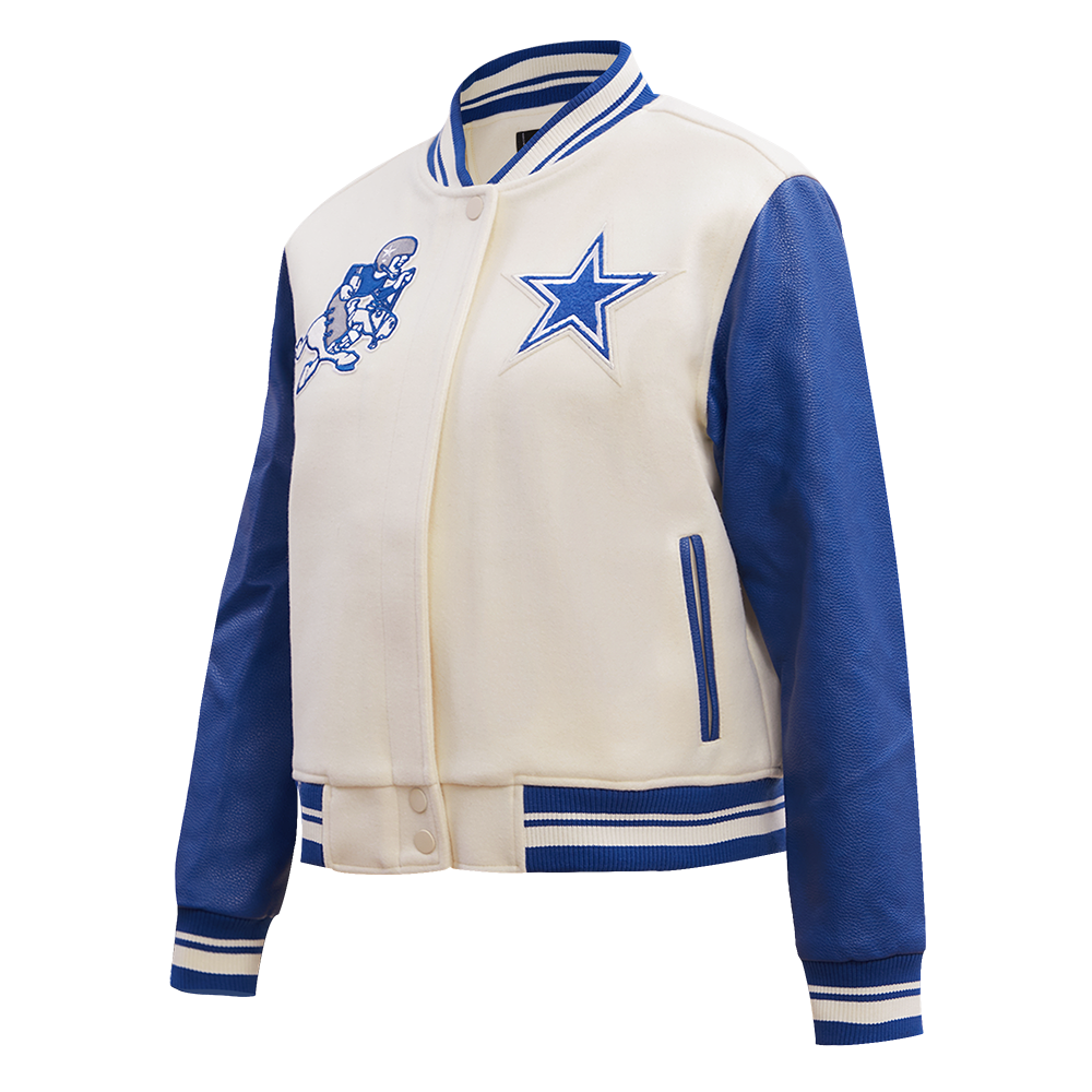 NFL DALLAS COWBOYS RETRO CLASSIC WOMEN'S RIB WOOL VARSITY JACKET (EGGSHELL/DODGER BLUE)