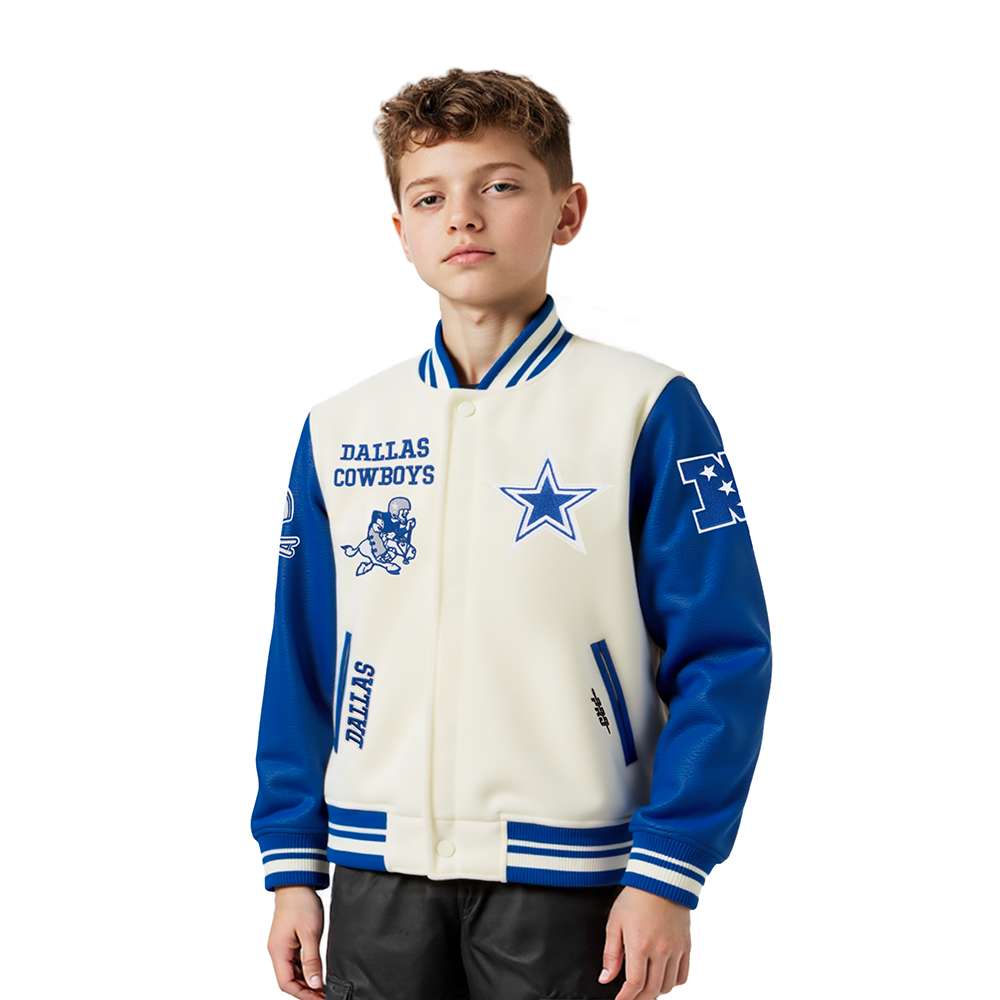 NFL DALLAS COWBOYS RETRO CLASSICS LITTLE BOY'S RIB WOOL VARSITY JACKET (EGGSHELL/DODGER BLUE)