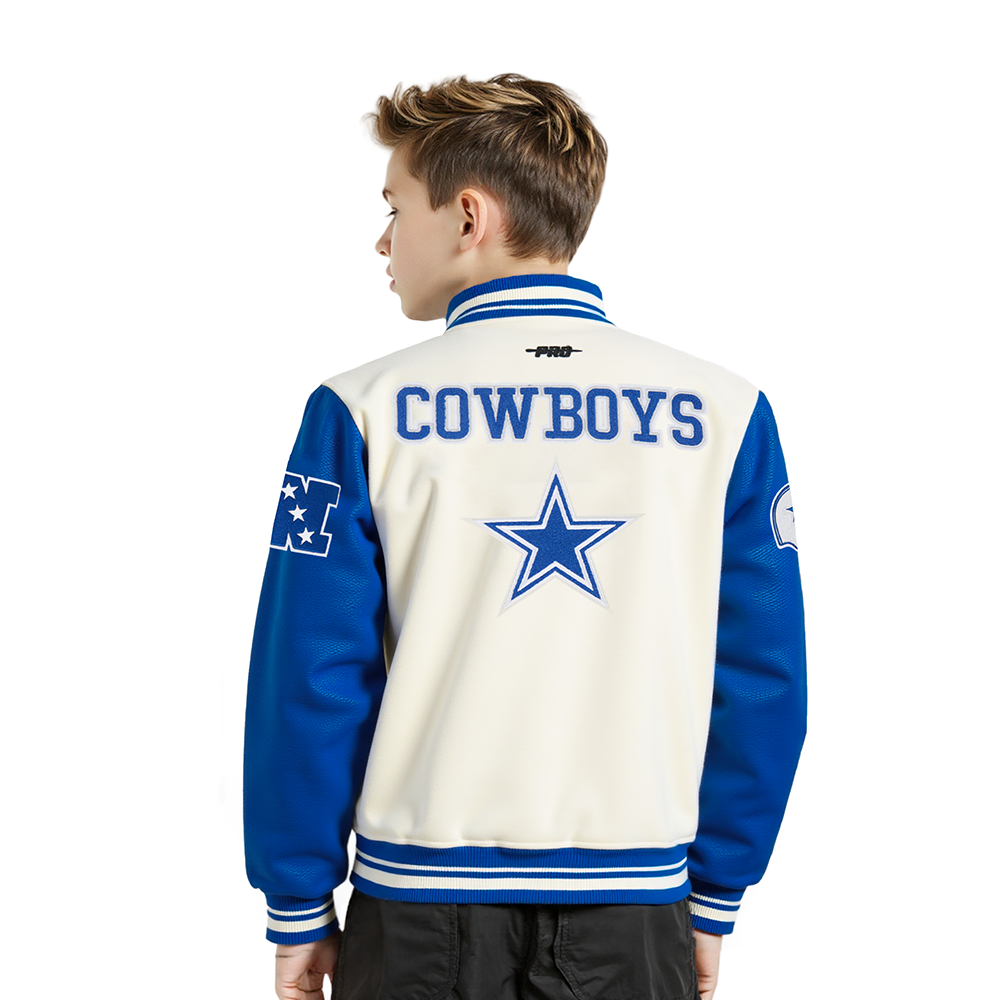 NFL DALLAS COWBOYS RETRO CLASSICS BLOUSON COLLÉGIAL EN LAINE À BORDS CÔTELÉS POUR GARÇON ENFANT (COQUILLE D'ŒUF/BLEU DODGER)