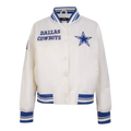 NFL DALLAS COWBOYS RETRO CLASSIC BLOUSON EN SATIN À BORDS CÔTELÉS POUR FEMME (COQUILLE D'ŒUF/BLEU DODGER)