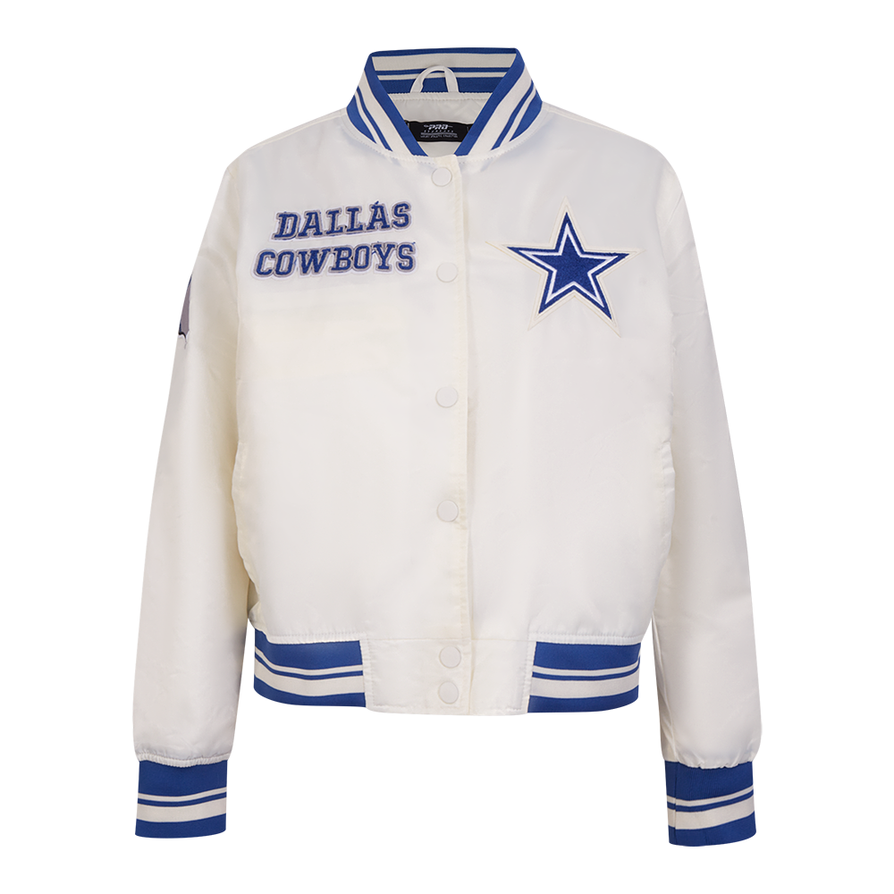 NFL DALLAS COWBOYS RETRO CLASSIC BLOUSON EN SATIN À BORDS CÔTELÉS POUR FEMME (COQUILLE D'ŒUF/BLEU DODGER)