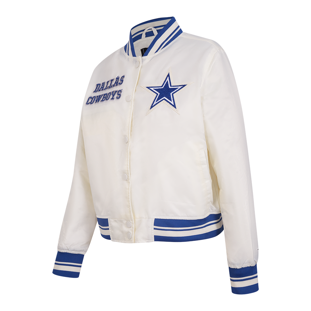 NFL DALLAS COWBOYS RETRO CLASSIC BLOUSON EN SATIN À BORDS CÔTELÉS POUR FEMME (COQUILLE D'ŒUF/BLEU DODGER)