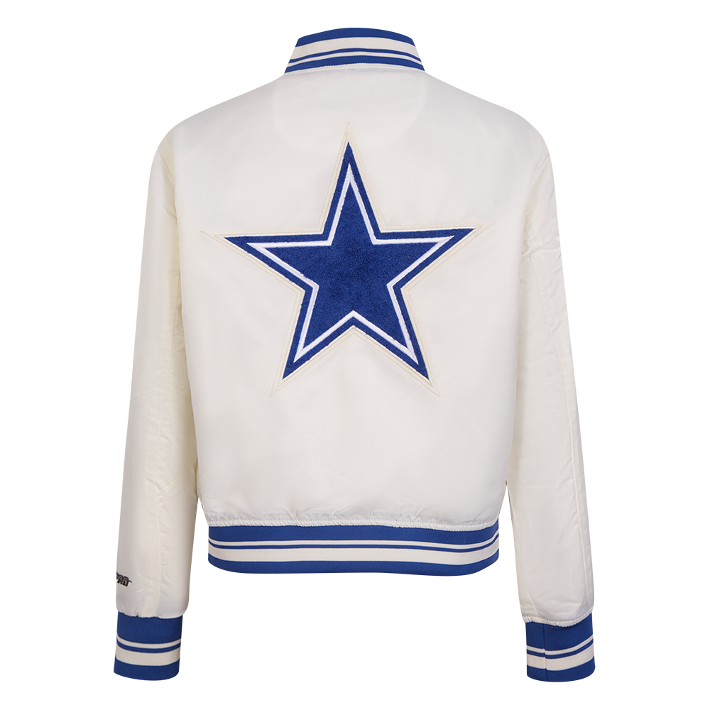 NFL DALLAS COWBOYS RETRO CLASSIC BLOUSON EN SATIN À BORDS CÔTELÉS POUR FEMME (COQUILLE D'ŒUF/BLEU DODGER)