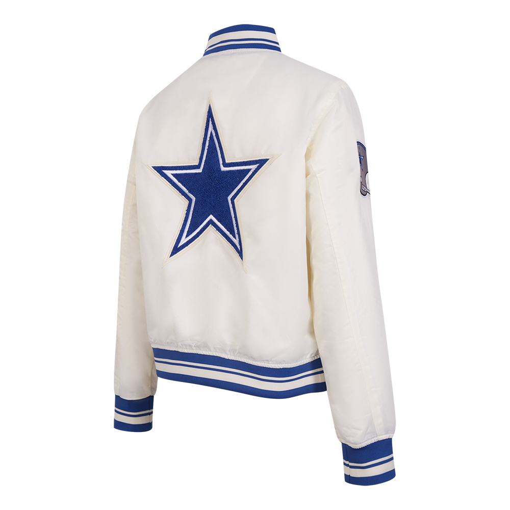 NFL DALLAS COWBOYS RETRO CLASSIC BLOUSON EN SATIN À BORDS CÔTELÉS POUR FEMME (COQUILLE D'ŒUF/BLEU DODGER)