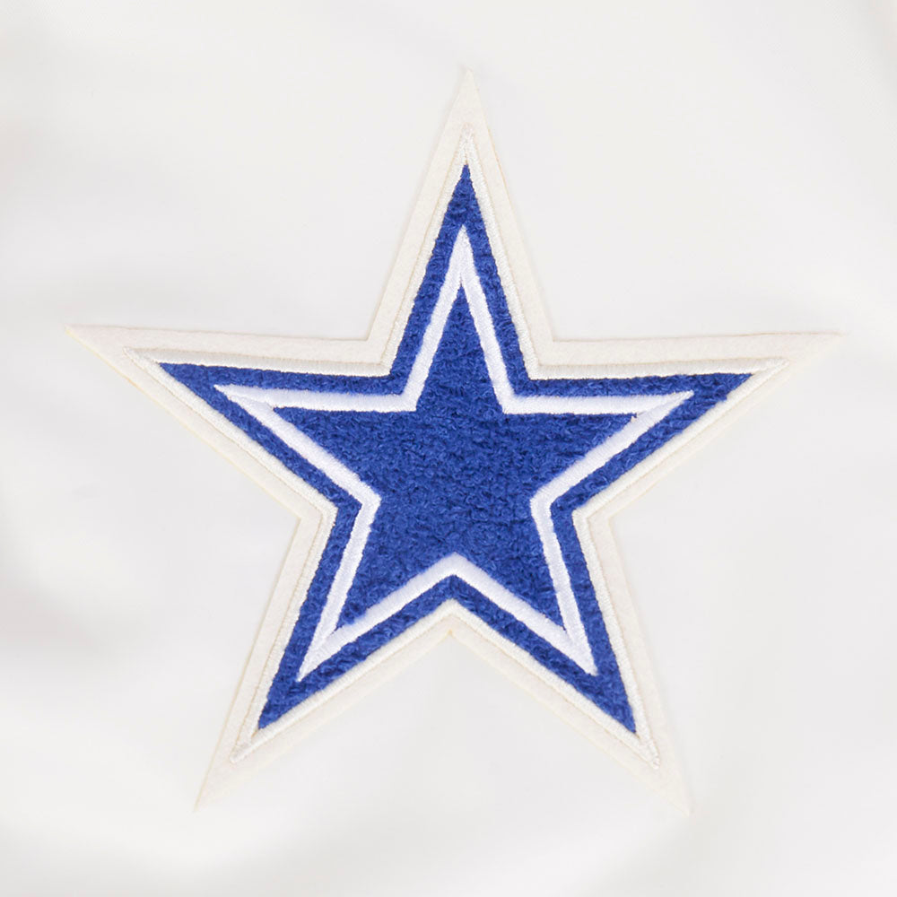 NFL DALLAS COWBOYS RETRO CLASSIC BLOUSON EN SATIN À BORDS CÔTELÉS POUR FEMME (COQUILLE D'ŒUF/BLEU DODGER)