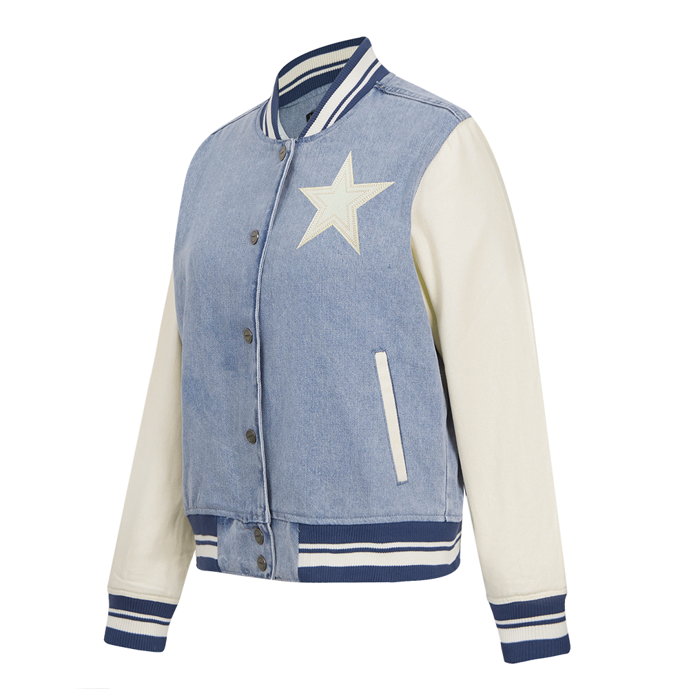 NFL DALLAS COWBOYS VARSITY BLUES WOMEN'S DENIM VARSITY JACKET (DENIM/LINEN)