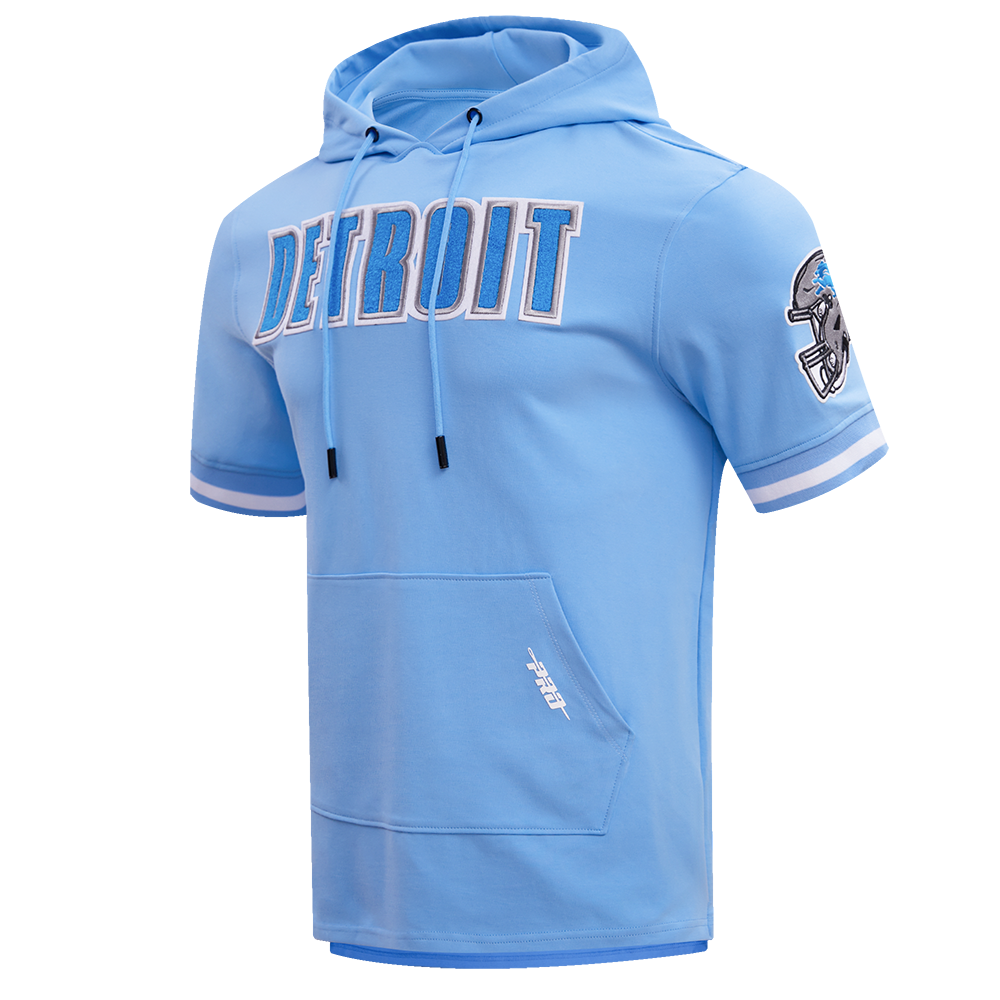 NFL DETROIT LIONS CLASSIC CHENILLE MEN'S DOUBLE KNIT SHORT SLEEVE PULLOVER HOODIE (UNIVERSITY BLUE)
