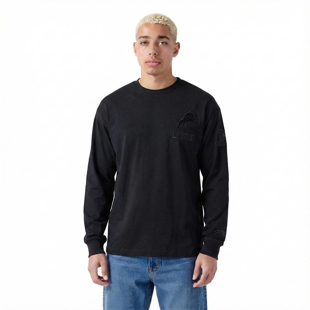 NFL DETROIT LIONS BLACKOUT MEN'S DROP SHOULDER LS TEE (BLACK)