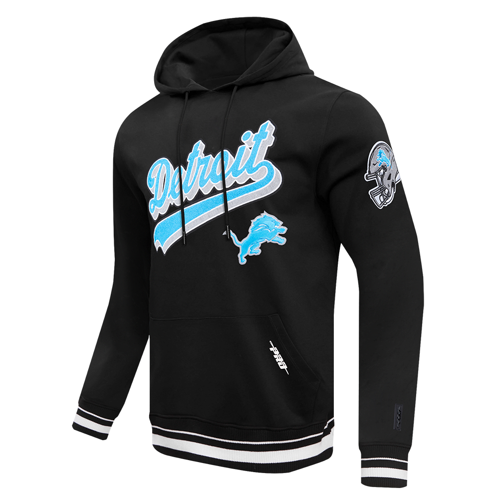 NFL DETROIT LIONS SCRIPT TAIL MEN'S RIB FLEECE PULLOVER HOODIE (BLACK)