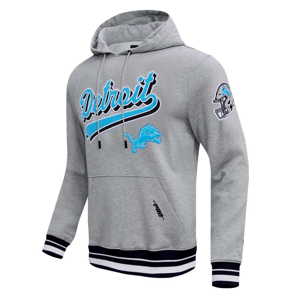 NFL DETROIT LIONS SCRIPT TAIL MEN'S RIB FLEECE PULLOVER HOODIE (HEATHER GRAY/BLACK)