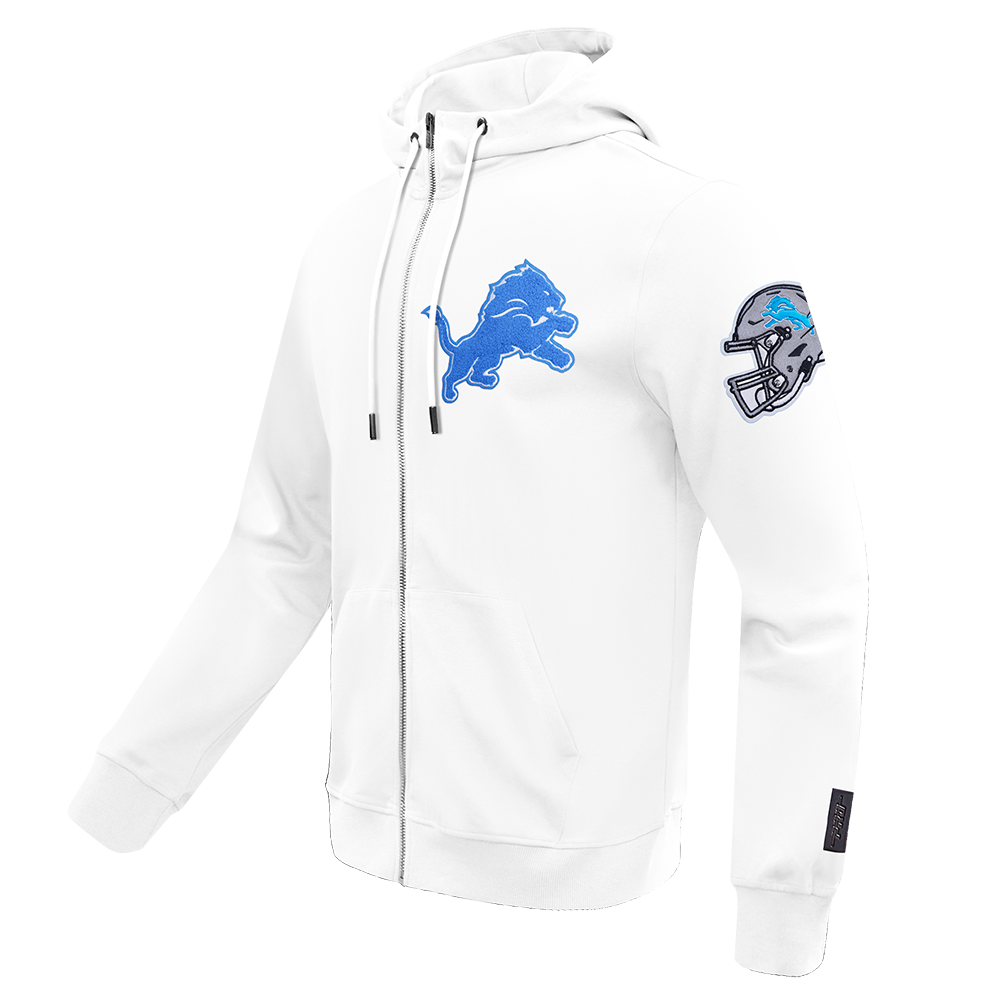 NFL DETROIT LIONS CLASSIC CHENILLE MEN'S DOUBLE KNIT  FULL ZIP PULLOVER HOODIE (WHITE)