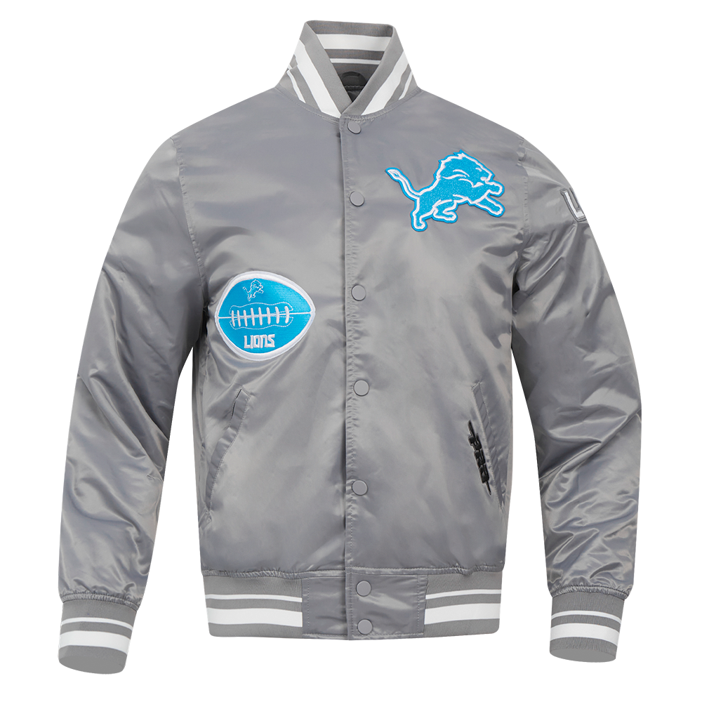 NFL DETROIT LIONS OLD ENGLISH MEN'S RIB SATIN JACKET (GRAY)