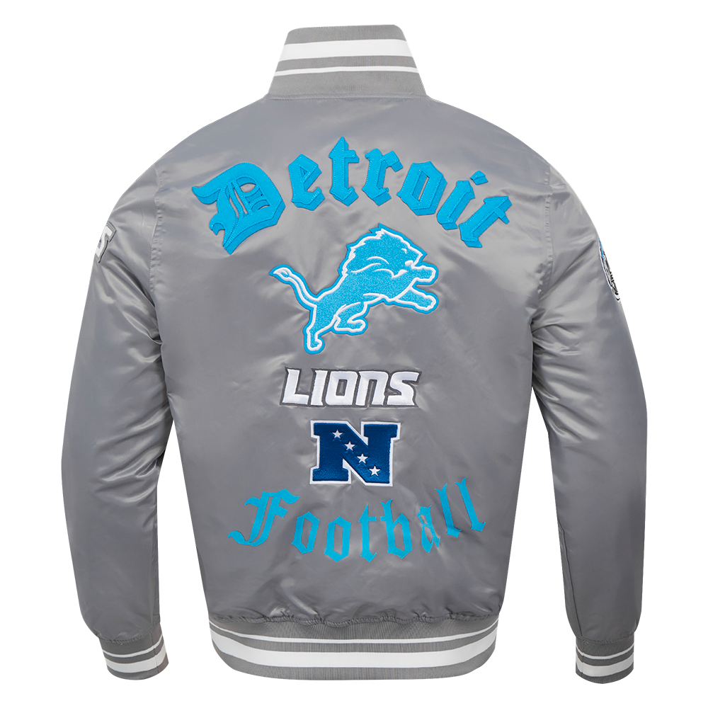 NFL DETROIT LIONS OLD ENGLISH MEN'S RIB SATIN JACKET (GRAY)