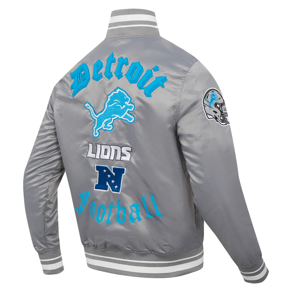 NFL DETROIT LIONS OLD ENGLISH MEN'S RIB SATIN JACKET (GRAY)