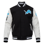 NFL DETROIT LIONS OLD ENGLISH MEN'S RIB WOOL VARSITY JACKET (BLACK/WHITE)