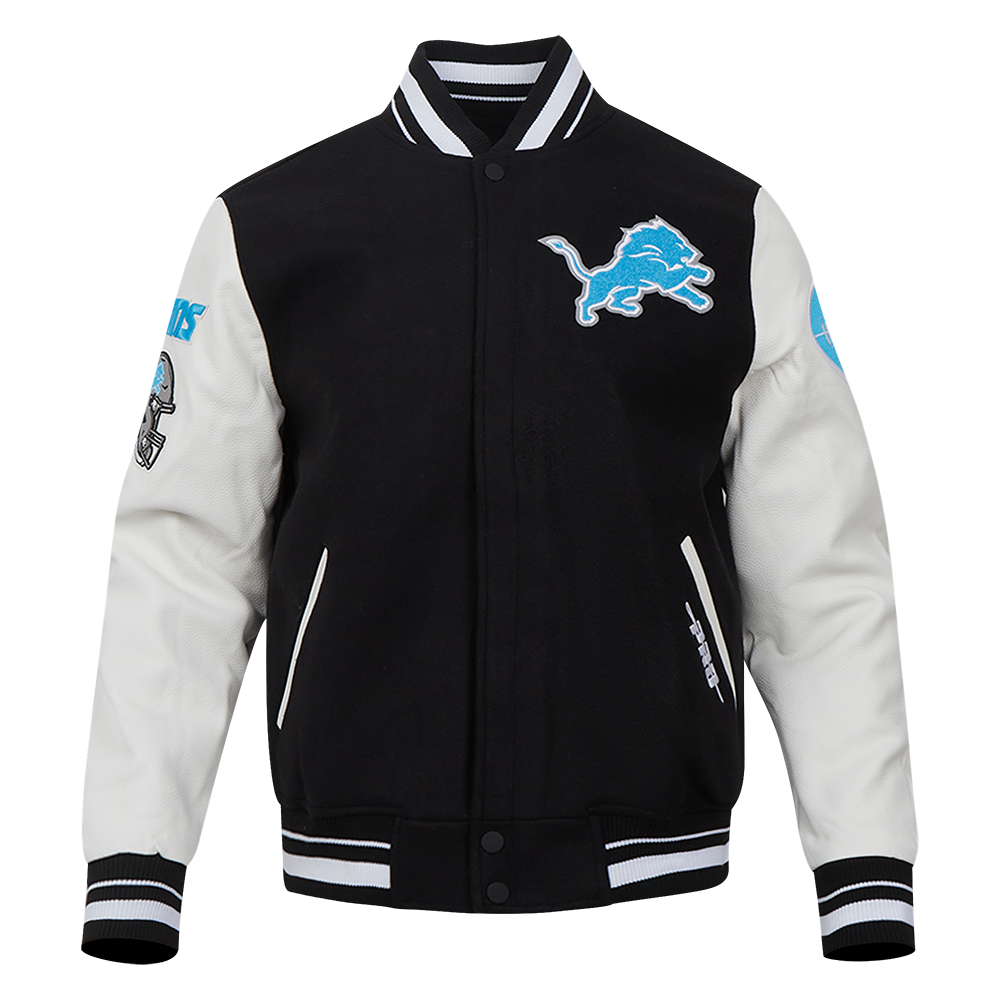 NFL DETROIT LIONS OLD ENGLISH MEN'S RIB WOOL VARSITY JACKET (BLACK/WHITE)