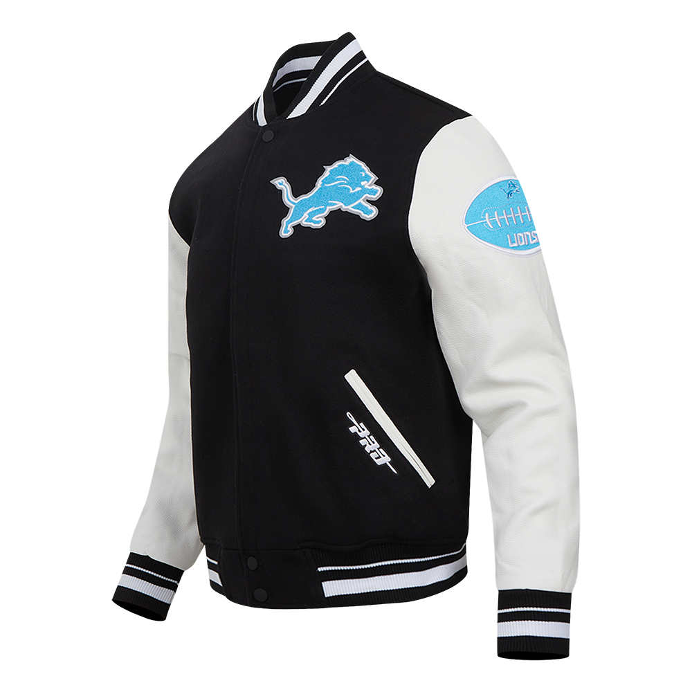 NFL DETROIT LIONS OLD ENGLISH MEN'S RIB WOOL VARSITY JACKET (BLACK/WHITE)