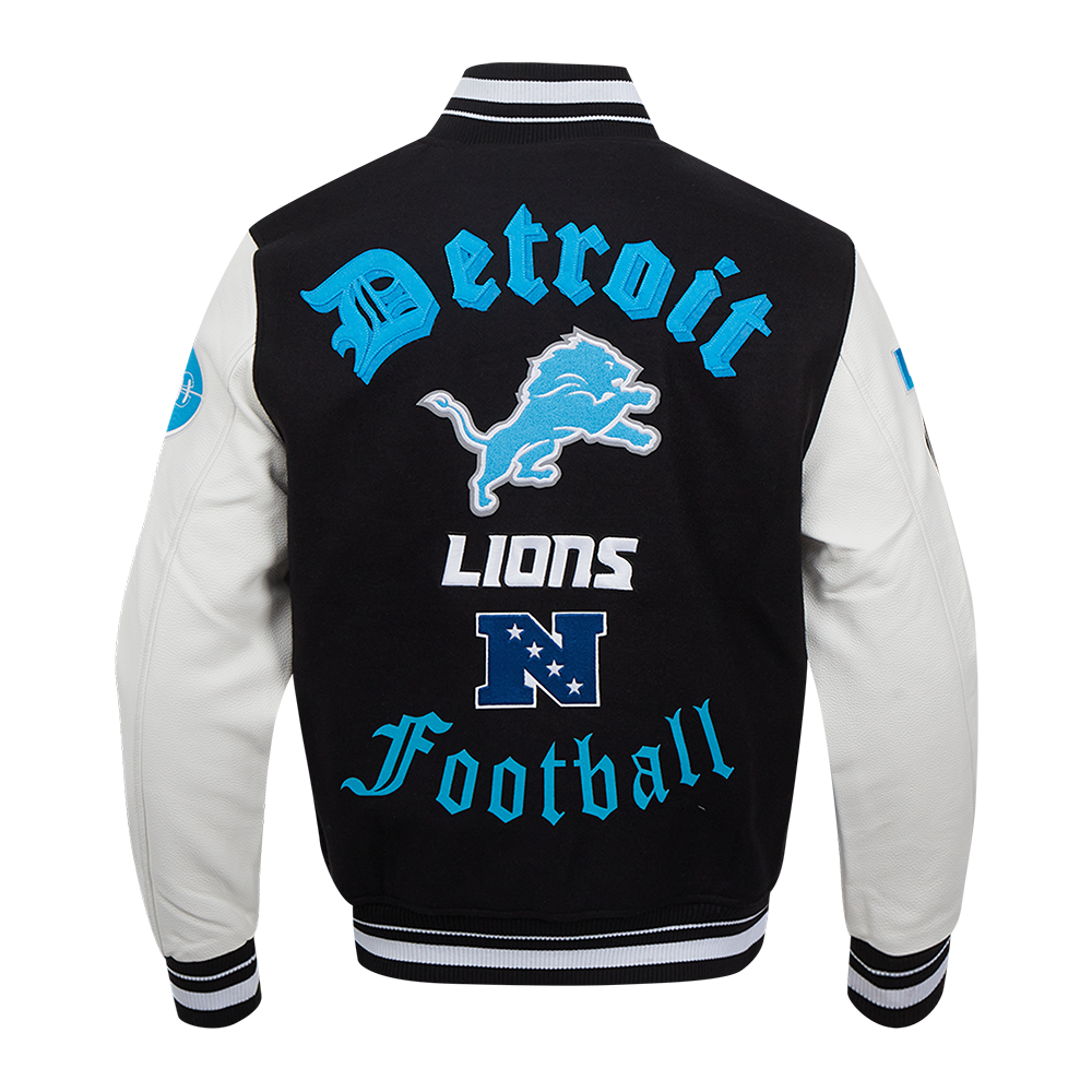 NFL DETROIT LIONS OLD ENGLISH MEN'S RIB WOOL VARSITY JACKET (BLACK/WHITE)