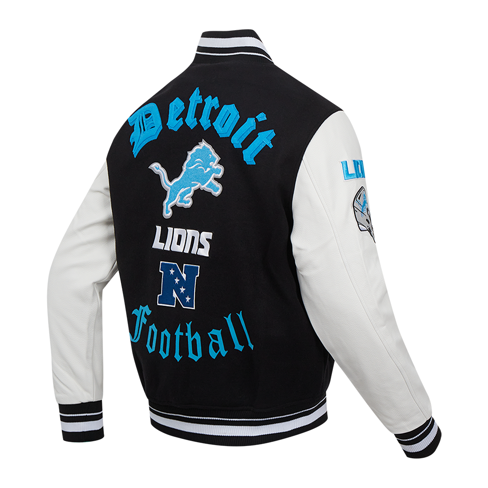 NFL DETROIT LIONS OLD ENGLISH MEN'S RIB WOOL VARSITY JACKET (BLACK/WHITE)