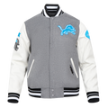 NFL DETROIT LIONS OLD ENGLISH MEN'S RIB WOOL VARSITY JACKET (HEATHER GREY/WHITE/BLACK)