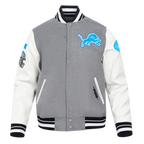 NFL DETROIT LIONS OLD ENGLISH MEN'S RIB WOOL VARSITY JACKET (HEATHER GREY/WHITE/BLACK)