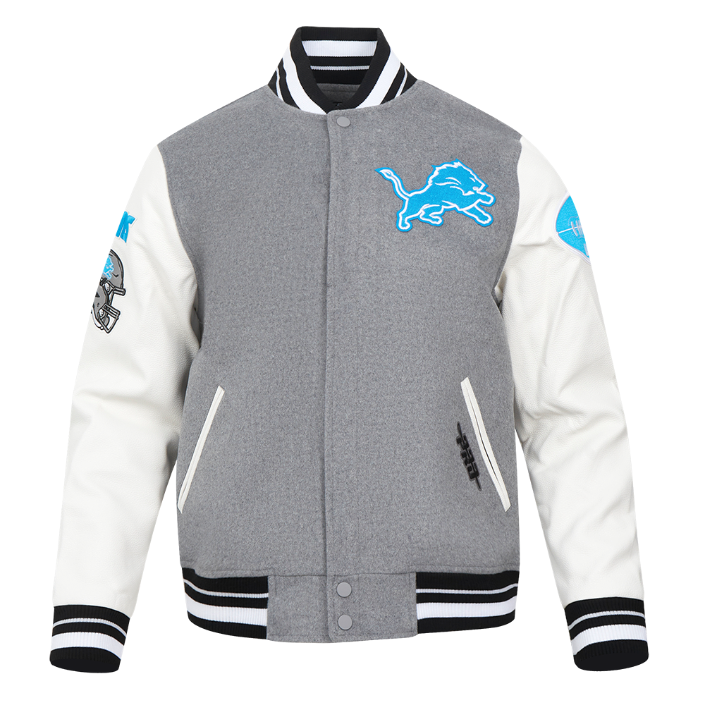 NFL DETROIT LIONS OLD ENGLISH MEN'S RIB WOOL VARSITY JACKET (HEATHER GREY/WHITE/BLACK)