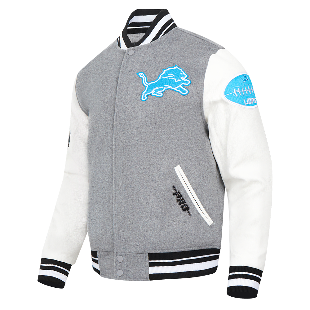 NFL DETROIT LIONS OLD ENGLISH MEN'S RIB WOOL VARSITY JACKET (HEATHER GREY/WHITE/BLACK)