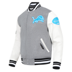 NFL DETROIT LIONS OLD ENGLISH MEN'S RIB WOOL VARSITY JACKET (HEATHER GREY/WHITE/BLACK)