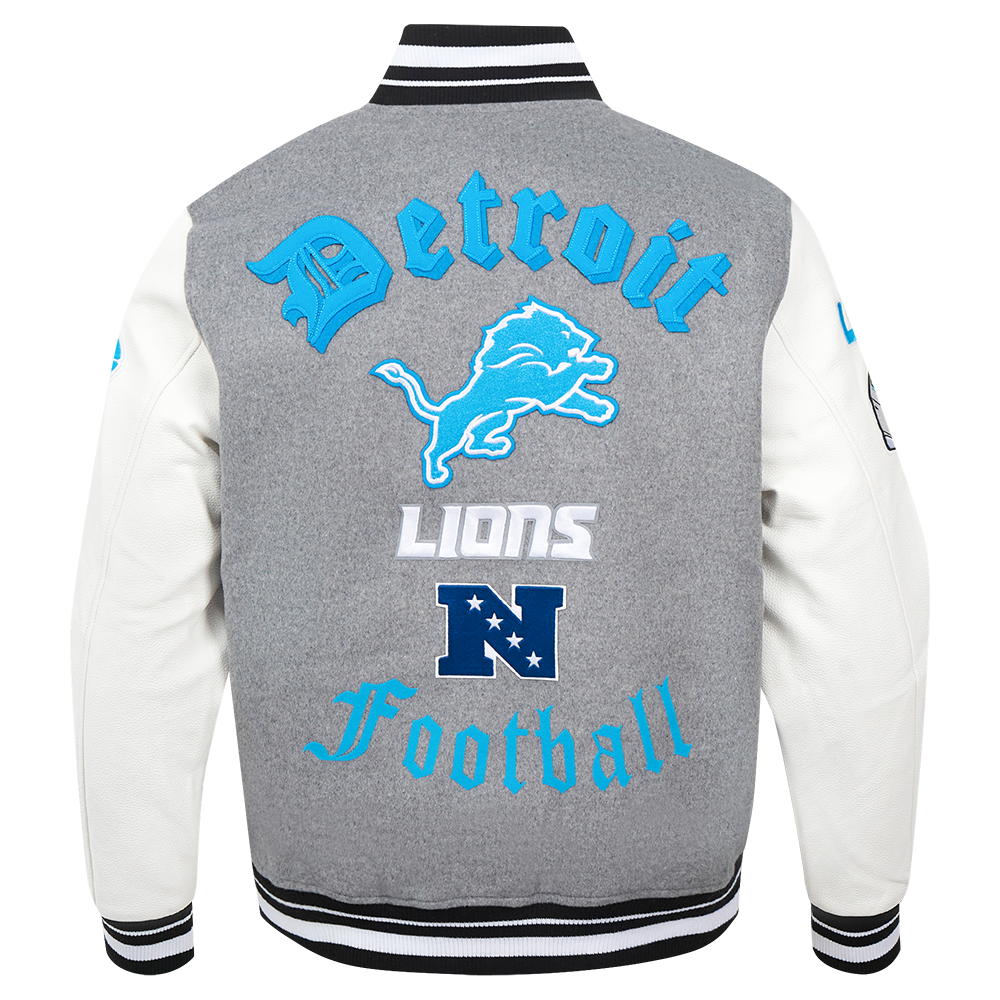 NFL DETROIT LIONS OLD ENGLISH MEN'S RIB WOOL VARSITY JACKET (HEATHER GREY/WHITE/BLACK)