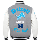 NFL DETROIT LIONS OLD ENGLISH MEN'S RIB WOOL VARSITY JACKET (HEATHER GREY/WHITE/BLACK)