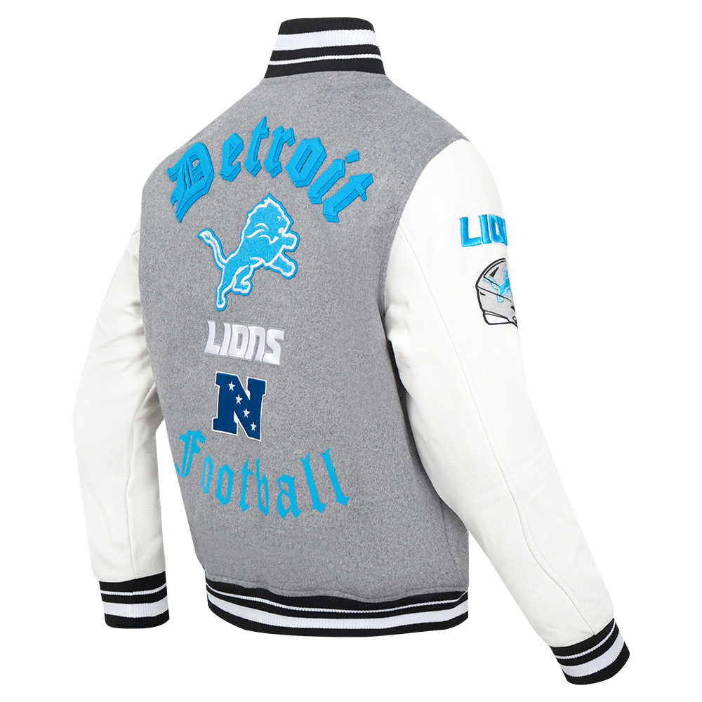 NFL DETROIT LIONS OLD ENGLISH MEN'S RIB WOOL VARSITY JACKET (HEATHER GREY/WHITE/BLACK)