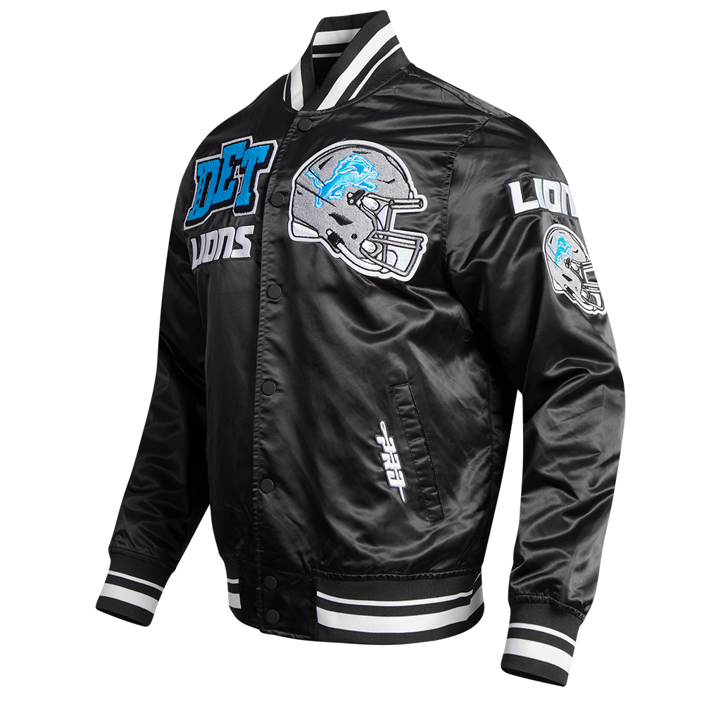 NFL DETROIT LIONS MASH UP BLOUSON EN SATIN À BORDS CÔTELÉS POUR HOMME (NOIR)