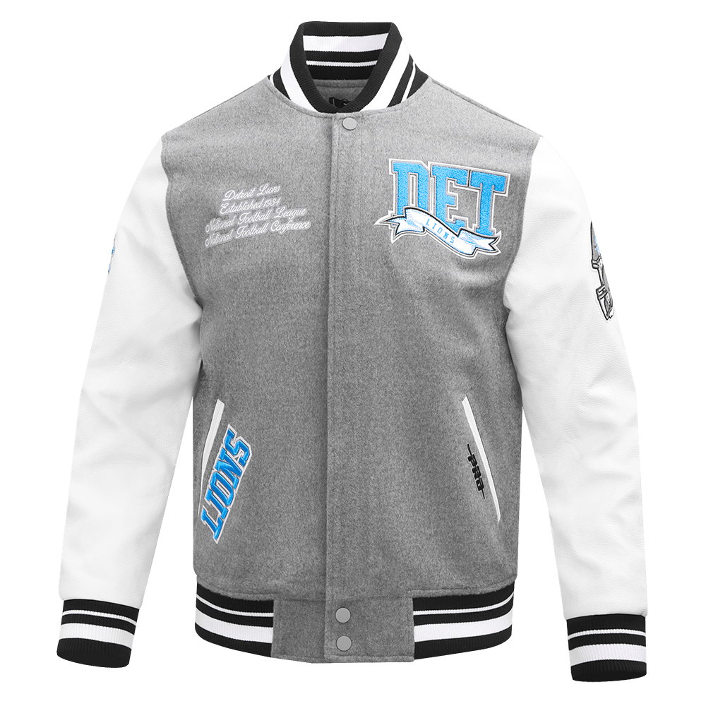 NFL DETROIT LIONS TEAM PENNANTS MEN'S VARSITY JACKET (HEATHER GREY/WHITE/BLACK)