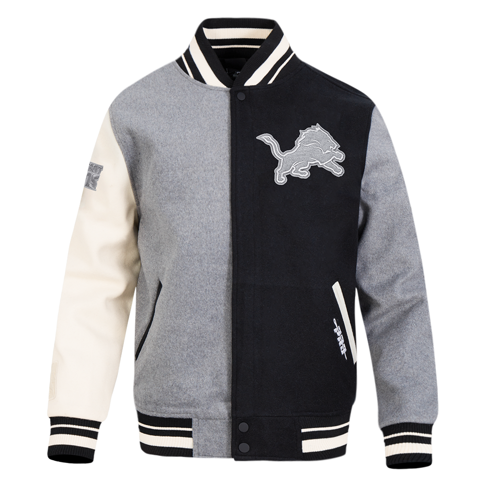 NFL DETROIT LIONS REVERSE FRENCH TERRY MEN'S CB WOOL VARSITY JACKET (BLACK/GRAY/EGGSHELL)